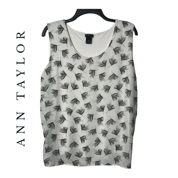 1488. ANN TAYLOR FACTORY SLEEVELESS TOP SIZE LARGE WHITE WITH GREEN TROPICAL - Picture 1 of 9